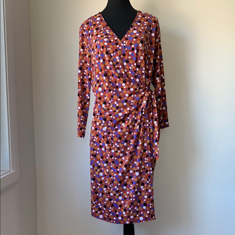 Anne Klein Multi-Colored Polka Dots Tea-Length Wrap Dress - Size 14
